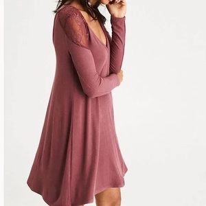 American Eagle Ribbed Dress With Lace Sleeves - Small